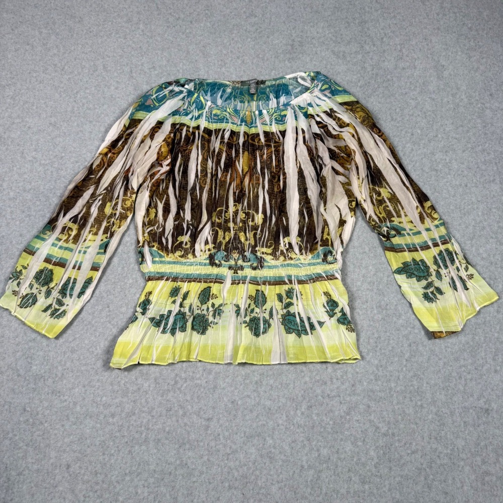 Vintage 90s Boho NY Collection Petite Abstract Smocked Waist Pleated Blouse PM